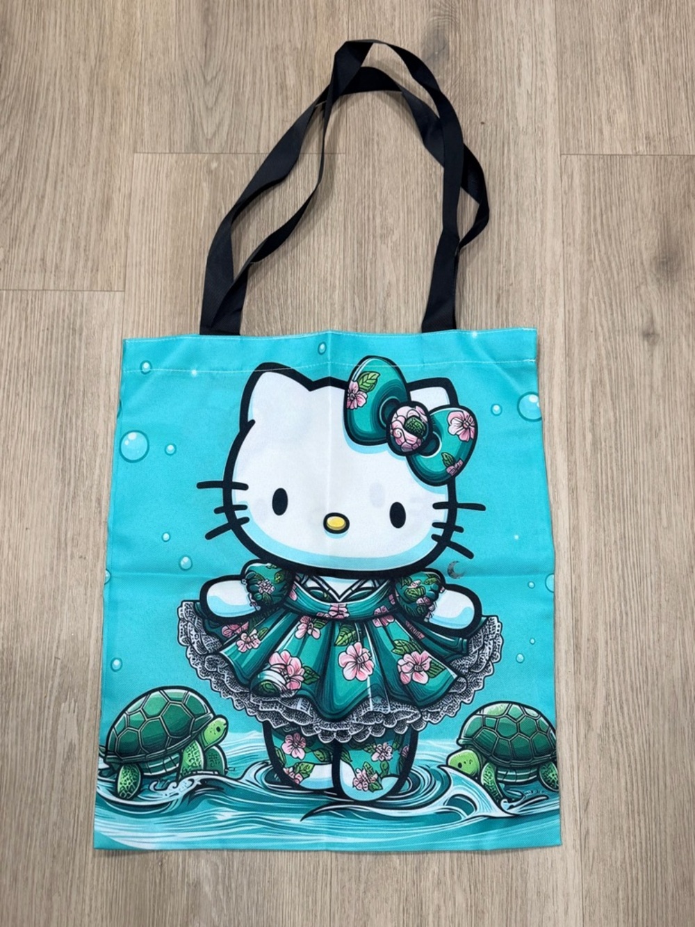 Hello Kitty Aqua Floral Tote with Black Straps